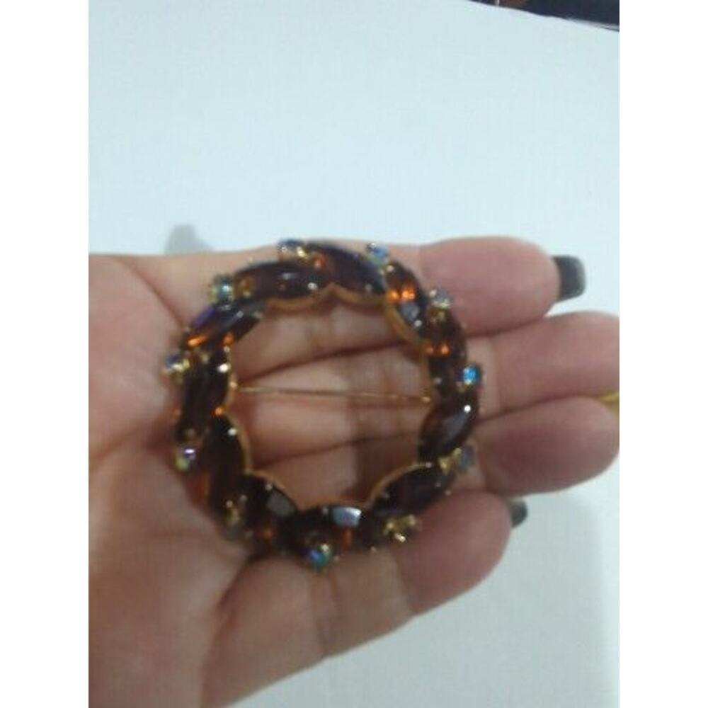 Vintage Mid-century Modern Amber Marquis Cut Stones With Crystal Brooch‎
